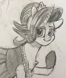 Size: 1242x1461 | Tagged: alternate hairstyle, artist:snowfoxythefox, black and white, black dress, chest fluff, clothes, derpibooru import, dress, gloves, grayscale, monochrome, pencil drawing, rarity, safe, smiling, solo, the gift of the maud pie, traditional art