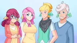 Size: 1280x717 | Tagged: artist:jonfawkes, breasts, busty fluttershy, busty posey shy, derpibooru import, family, female, flutter brutter, fluttershy, gentle breeze, gradient background, human, humanized, posey shy, safe, shys, the shy family, wing ears, zephyr breeze