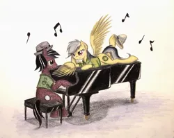Size: 1002x797 | Tagged: safe, artist:thefriendlyelephant, derpibooru import, daring do, oc, oc:phillip finder, bedroom eyes, canon x oc, clothes, commission, fanfic art, hat, magnifying glass, music, musical instrument, music notes, phiring, piano, shipping, shirt, side, traditional art, vest