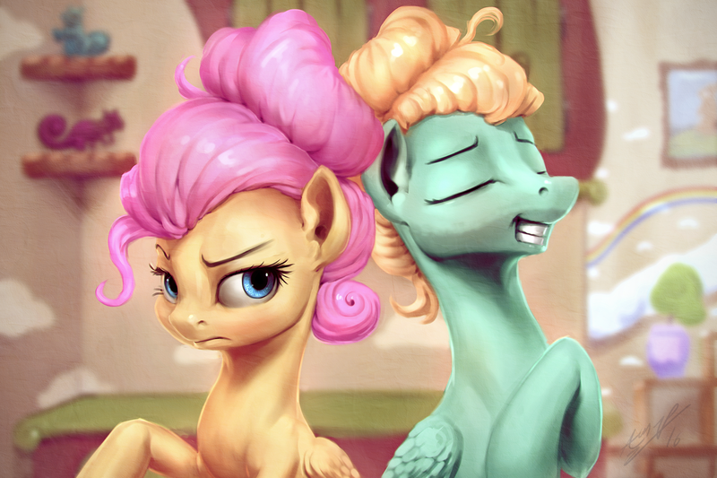 Size: 1920x1280 | Tagged: safe, artist:assasinmonkey, derpibooru import, fluttershy, zephyr breeze, pegasus, pony, flutter brutter, alternate hairstyle, brother and sister, duo, duo male and female, eyes closed, female, fluttershy is not amused, grin, hair bun, image, looking at someone, male, mare, png, raised hoof, scene interpretation, signature, smiling, smirk, stallion, that was fast, unamused
