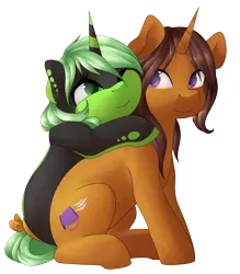 Size: 3496x4000 | Tagged: safe, artist:rue-willings, derpibooru import, oc, oc:caramel swirl, oc:serenity, unofficial characters only, pony, unicorn, duo, female, hug, mare, simple background, transparent background