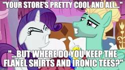 Size: 887x500 | Tagged: caption, derpibooru import, edit, edited screencap, flutter brutter, hipster, image macro, man bun, meme, misspelling, rarity, safe, screencap, this will end in tears and/or death, zephyr breeze