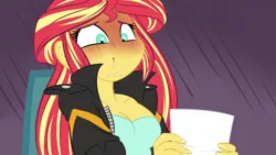 Size: 1280x720 | Tagged: safe, artist:ponut_joe, derpibooru import, sunset shimmer, equestria girls, blood, blushing, cleavage, cropped, female, image, ladyboner, nosebleed, png, questionable source, reaction image, single panel, solo, wide eyes