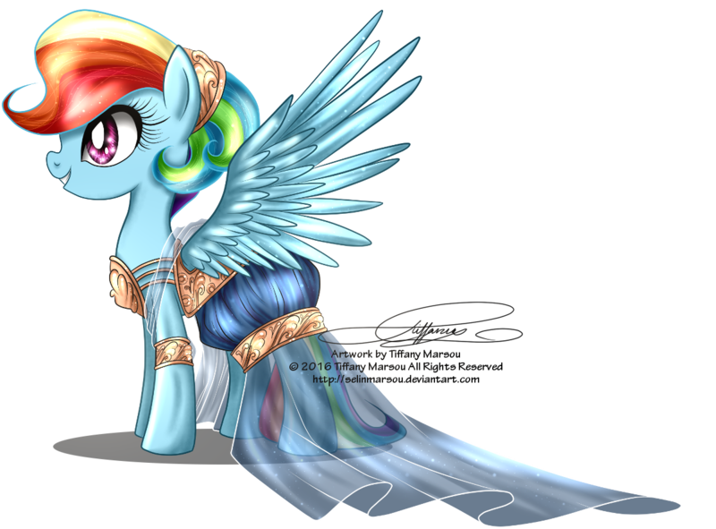 Size: 1200x886 | Tagged: alternate hairstyle, artist:tiffanymarsou, clothes, derpibooru import, dress, gala dress, rainbow dash, safe, smiling, solo, spread wings