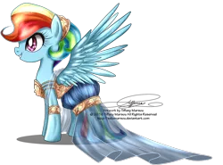 Size: 1200x886 | Tagged: alternate hairstyle, artist:tiffanymarsou, clothes, derpibooru import, dress, gala dress, rainbow dash, safe, smiling, solo, spread wings