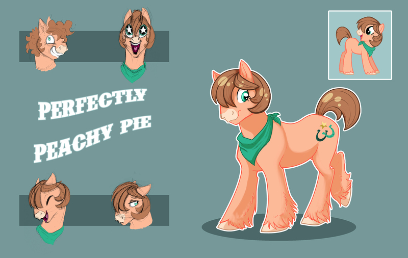 Size: 3537x2235 | Tagged: safe, artist:vindhov, derpibooru import, oc, oc:perfectly peachy pie, unofficial characters only, earth pony, pony, female, mare, neckerchief, offspring, parent:pinkie pie, parent:troubleshoes clyde, parents:trouble pie, simple background, solo, teal background, unshorn fetlocks