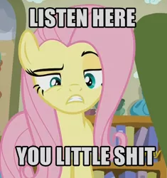 Size: 606x646 | Tagged: caption, derpibooru import, edit, edited screencap, flutter brutter, fluttershy, image macro, listen here, meme, safe, screencap, solo, vulgar