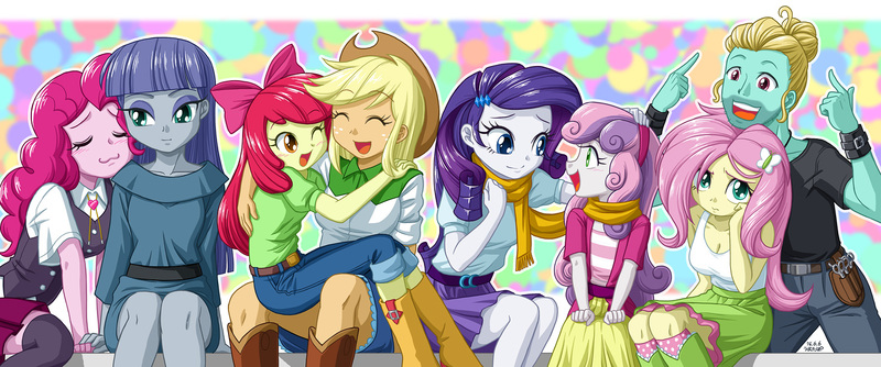 Size: 1465x612 | Tagged: safe, artist:uotapo, derpibooru import, apple bloom, applejack, fluttershy, maud pie, pinkie pie, rarity, sweetie belle, zephyr breeze, equestria girls, flutter brutter, :3, big sister, blushing, boots, breasts, brother and sister, cleavage, clothes, colored pupils, cowboy hat, cute, denim skirt, equestria girls-ified, female, group, hat, jeans, little sister, maudabetes, pants, shorts, siblings, sisters, skirt, smiling, stetson, uotapo is trying to murder us, when she smiles, zephyrbetes
