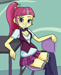 Size: 896x1100 | Tagged: safe, artist:ohohokapi, deleted from derpibooru, derpibooru import, sour sweet, equestria girls, friendship games, bedroom eyes, breasts, busty sour sweet, cleavage, clothes, crossed legs, crystal prep academy uniform, female, looking at you, pleated skirt, ponytail, school uniform, skirt, smiling, socks, solo, thigh highs, zettai ryouiki