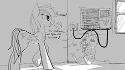 Size: 1259x708 | Tagged: air conditioner, artist:archeryves, derpibooru import, food, hot, ice cream, monochrome, rainbow dash, safe, spike, translation