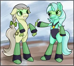 Size: 1152x1032 | Tagged: safe, artist:ohohokapi, deleted from derpibooru, derpibooru import, jinx, lyra heartstrings, earth pony, pony, unicorn, bipedal, katawa jinx, limb enhancers, peridot (steven universe), steven universe