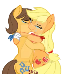 Size: 400x439 | Tagged: applejack, artist:superrosey16, bandana, carajack, caramel, derpibooru import, female, kissing, male, safe, shipping, straight, watermark