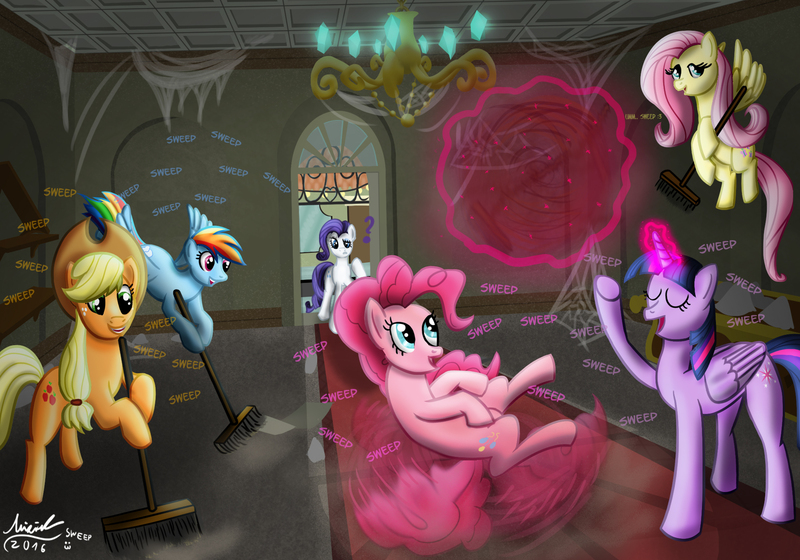 Size: 2000x1400 | Tagged: safe, artist:misiekpl, derpibooru import, applejack, fluttershy, pinkie pie, rainbow dash, rarity, twilight sparkle, twilight sparkle (alicorn), alicorn, pony, the saddle row review, broom, glowing horn, mane six, sweeping, sweepsweepsweep, twilight sweeple