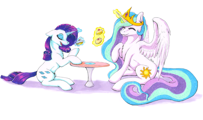 Size: 2200x1300 | Tagged: safe, artist:klarapl, derpibooru import, princess celestia, rarity, chest fluff, cookie, duo, eyes closed, floppy ears, food, magic, sitting, telekinesis, traditional art