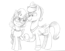 Size: 1206x948 | Tagged: artist:saturdaymorningproj, derpibooru import, female, flutter brutter, gentle breeze, grayscale, holding hooves, husband and wife, male, mare, monochrome, posey shy, safe, shys, simple background, stallion, traditional art, white background