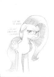 Size: 1240x1754 | Tagged: artist:saturdaymorningproj, derpibooru import, floppy ears, flutter brutter, fluttershy, fluttershy is not amused, grayscale, monochrome, peeved, safe, simple background, solo, traditional art, white background