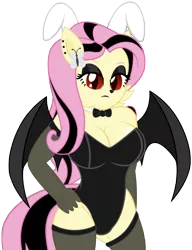 Size: 3832x4984 | Tagged: suggestive, artist:mrmaclicious, derpibooru import, fluttershy, anthro, bat pony, big breasts, bowtie, breasts, bunny suit, busty fluttershy, cleavage, clothes, easter, emoshy, evening gloves, female, flutterbat, gloves, hand on hip, race swap, simple background, socks, solo, solo female, thigh highs, transparent background