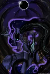 Size: 2424x3600 | Tagged: artist:helenasherzblut, corrupted, darkness, derpibooru import, dilated pupils, eclipse, grimdark, magic, metal as fuck, nightmare luna, nightmare moon, open mouth, princess luna, solar eclipse, transformation