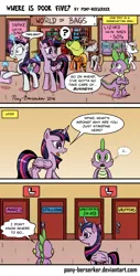 Size: 800x1570 | Tagged: safe, artist:pony-berserker, derpibooru import, rarity, spike, twilight sparkle, twilight sparkle (alicorn), oc, oc:longhaul, oc:silver sickle, oc:southern comfort, alicorn, pony, bag, bathroom, bathroom sign, blushing, comic, desperation, door, frown, i can't believe it's not idw, levitation, magic, need to pee, omorashi, open mouth, pointing, potty time, raised eyebrow, restroom, speech bubble, telekinesis, toilet, wide eyes