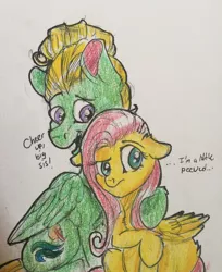 Size: 1242x1522 | Tagged: brother, brother and sister, colored, colored pencil drawing, colored sketch, derpibooru import, family, floppy ears, flutter brutter, fluttershy, man bun, peeved, safe, sister, traditional art, zephyr breeze