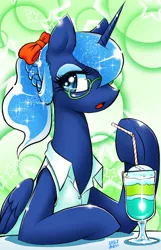 Size: 516x800 | Tagged: alternate hairstyle, artist:aoi takayuki, clothes, derpibooru import, eating, glasses, looking at you, princess luna, safe, shirt, solo, sorbet, straw