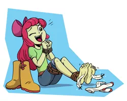 Size: 1000x800 | Tagged: safe, artist:chaoskomori, artist:coffeeburger, derpibooru import, apple bloom, equestria girls, barefoot, bloomsub, bondage, boots, clothes, crying, feet, female, femsub, foot fetish, foot focus, image, jpeg, laughing, open mouth, shoes, socks, solo, submissive, tears of laughter, tickle torture, tickling