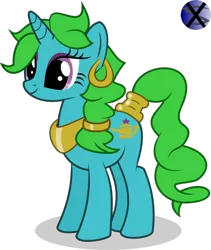 Size: 458x543 | Tagged: safe, artist:xaxu-slyph, derpibooru import, oc, oc:wishy washy, unofficial characters only, genie, pony, unicorn, bangles, cutie mark, ear piercing, earring, green mane, piercing, simple background, solo, transparent background, vector