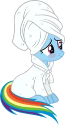 Size: 3144x6000 | Tagged: safe, artist:slb94, derpibooru import, rainbow dash, bathrobe, blushing, clothes, cute, dashabetes, embarrassed, frown, nervous, robe, simple background, sitting, solo, towel, towel on head, transparent background, vector