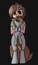 Size: 679x1149 | Tagged: safe, artist:neuro, derpibooru import, oc, oc:littlepip, oc:sharp shot, unofficial characters only, pony, satyr, unicorn, fallout equestria, black background, colored pupils, cute, female, floppy ears, holding a pony, mare, mother and daughter, offspring, parent:oc:littlepip, simple background, smiling