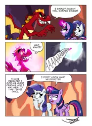 Size: 1024x1408 | Tagged: safe, artist:ringteam, derpibooru import, garble, rarity, twilight sparkle, twilight sparkle (alicorn), alicorn, dragon, pony, gauntlet of fire, blasting off again, comic, garblebuse, power levels are bullshit, to the moon