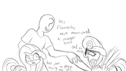 Size: 2560x1440 | Tagged: safe, artist:frikdikulous, derpibooru import, fluttershy, posey shy, oc, oc:anon, human, pegasus, pony, flutter brutter, blushing, dialogue, female, flirting, floppy ears, grayscale, heart, human male, jealous, male, mare, monochrome, open mouth, peeved, simple background, spread wings, white background, wingboner, wings