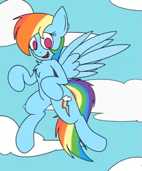 Size: 1107x1338 | Tagged: safe, artist:mr. rottson, derpibooru import, rainbow dash, belly button, chest fluff, cloud, flying, open mouth, solo