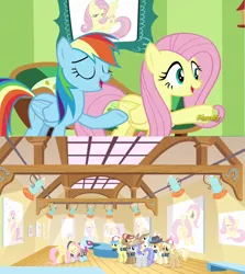 Size: 1276x1430 | Tagged: safe, derpibooru import, screencap, big shot, eff stop, fluttershy, long shot, photo finish, press pass, press release (character), rainbow dash, snappy scoop, tracy flash, earth pony, pegasus, flutter brutter, green isn't your color, female, male, mare, stallion