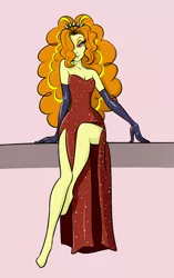 Size: 680x1080 | Tagged: suggestive, artist:skycatcherequestria, derpibooru import, adagio dazzle, equestria girls, bare shoulders, bedroom eyes, clothes, cosplay, crossover, dress, evening gloves, female, gloves, hair over one eye, jessica rabbit, jessica rabbit dress, looking at you, missing shoes, red dress, sexy, side slit, sitting, sleeveless, solo, solo female, strapless, who framed roger rabbit