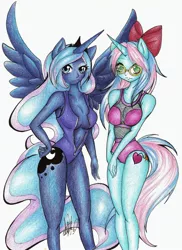 Size: 1024x1407 | Tagged: absolute cleavage, anthro, arm boob squeeze, artist:bunnywhiskerz, artist:esotericotaku, breasts, busty princess luna, cleavage, clothes, derpibooru import, female, looking at you, oc, oc:bombshell, one-piece swimsuit, princess luna, stupid sexy princess luna, suggestive, swimsuit, traditional art, unzipped