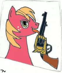 Size: 2664x3144 | Tagged: suggestive, artist:deacon blues, derpibooru import, big macintosh, earth pony, pony, /hhh/, 1000 years in photoshop, colt single action army, gun, handgun, homo horse hangout, implied gay, licking, looking at you, male, pun, revolver, solo, stallion, tongue out, wat, weapon