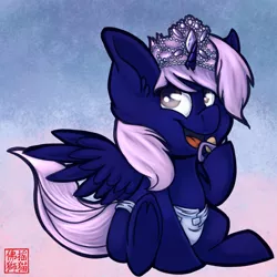 Size: 2000x2000 | Tagged: safe, artist:rattlesire, derpibooru import, oc, unofficial characters only, alicorn, pony, alicorn oc, commission, diaper, ear fluff, open mouth, pacifier, solo, tiara