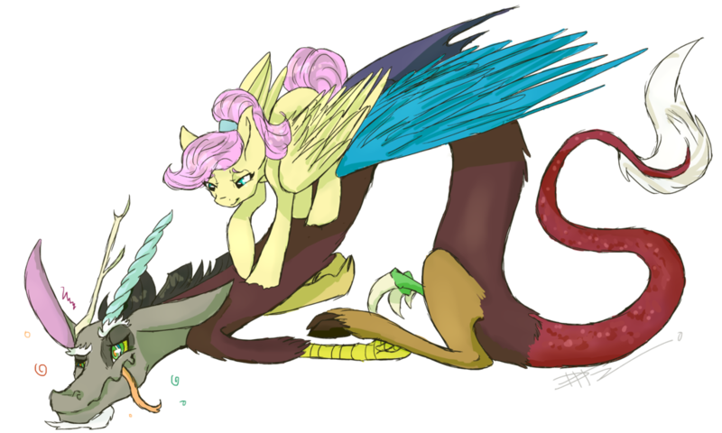 Size: 1024x614 | Tagged: safe, artist:loladotz, derpibooru import, discord, fluttershy, alternate hairstyle, discoshy, female, male, massage, shipping, straight