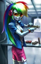 Size: 1350x2100 | Tagged: safe, artist:murskme, derpibooru import, rainbow dash, eagle, equestria girls, ammobox, ammunition, beretta, clothes, earmuffs, gun, gun magazine, handgun, looking at you, looking back, pistol, shirt, shooting range, shorts, solo, trigger discipline, weapon, wristband