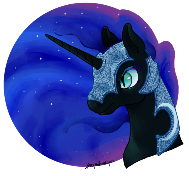 Size: 1280x1192 | Tagged: safe, artist:spectralunicorn, derpibooru import, nightmare moon, alicorn, pony, bust, chanfron, ethereal mane, eyeshadow, female, helmet, makeup, mare, portrait, solo, stars