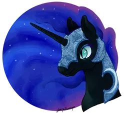 Size: 1280x1192 | Tagged: safe, artist:spectralunicorn, derpibooru import, nightmare moon, alicorn, pony, bust, chanfron, ethereal mane, eyeshadow, female, helmet, makeup, mare, portrait, solo, stars