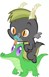 Size: 786x1217 | Tagged: artist:red4567, baby dragon, baff, cute, derpibooru import, dragon, dragons riding gators, gummy, pacifier, riding, safe, weapons-grade cute