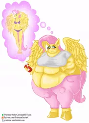 Size: 763x1046 | Tagged: anthro, artist:professordoctorc, bbw, belly, belly button, big belly, bikini, blushing, breasts, cellulite, clothes, curvy, derpibooru import, fantasy, fat, fattershy, female, fluttershy, morbidly obese, muffin top, neck roll, obese, saggy, sexy, skinny, soda, solo, solo female, ssbbw, suggestive, sweat, sweatpants, swimsuit, thought bubble, t-shirt, unguligrade anthro, yoga pants