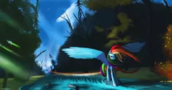 Size: 1236x647 | Tagged: safe, artist:auroriia, derpibooru import, rainbow dash, bird, pegasus, pony, cloud, contrail, crepuscular rays, forest, looking at you, rainbow trail, river, scenery, solo, spread wings, stream, water