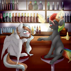 Size: 894x894 | Tagged: safe, artist:doodle-28, derpibooru import, oc, oc:krylone, oc:waffles, unofficial characters only, pegasus, pony, unicorn, bar, blushing, booze, cider, drunk, duo, ear blush, female, friends, glowing horn, laughing, long mane, magic, male, mare, rainbow hair, stallion, telekinesis