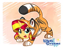 Size: 1794x1397 | Tagged: safe, artist:xwhitedreamsx, derpibooru import, sunset shimmer, big cat, pony, tiger, unicorn, clothes, costume, cute, cute little fangs, fangs, kigurumi, nyanset shimmer, shimmerbetes, solo, weapons-grade cute