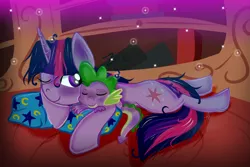 Size: 1024x683 | Tagged: safe, artist:xwhitedreamsx, derpibooru import, spike, twilight sparkle, dragon, pony, unicorn, bahy dragon, book, bookshelf, cute, female, golden oaks library, male, mama twilight, mare, one eye closed, one eye open, sleeping, snuggling, spikabetes, spikelove, stars, twiabetes, unicorn twilight