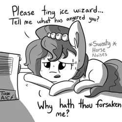 Size: 733x733 | Tagged: safe, artist:tjpones, derpibooru import, oc, oc:brownie bun, oc:tiny ice wizard, unofficial characters only, pony, horse wife, adorable distress, air conditioner, cute, descriptive noise, fluffy, frown, horse noises, hot, meme, monochrome, open mouth, prone, sad, slice of life, solo, sweat, ye olde butcherede englishe