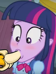 Size: 550x726 | Tagged: suggestive, derpibooru import, edit, edited screencap, screencap, twilight sparkle, equestria girls, banana, bananajob, blushing, food, implied blowjob, implied oral, implied sex, implying, shocked, suggestive eating