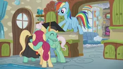 Size: 1920x1080 | Tagged: safe, derpibooru import, screencap, gentle breeze, posey shy, rainbow dash, zephyr breeze, pony, flutter brutter, cute, eyes closed, family, graduation cap, group hug, hat, hug, shys, smiling, the shy family